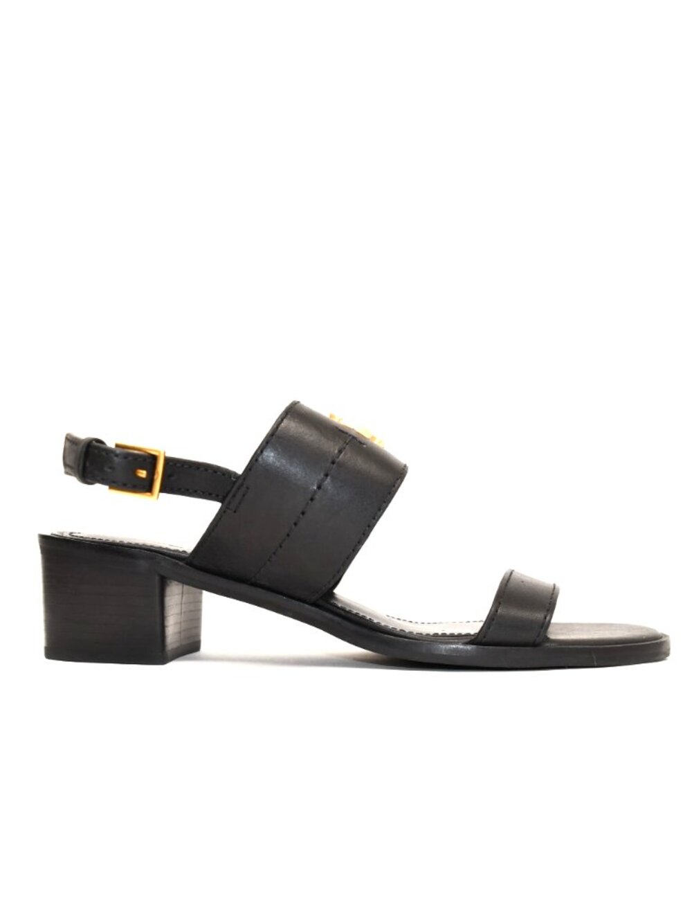 Tory Burch Black Leather Low Block Heel Sandals with Gold Buckle size 10